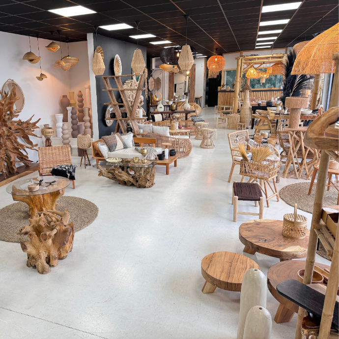 Vue d'ensemble du showroom avec du mobilier naturel
