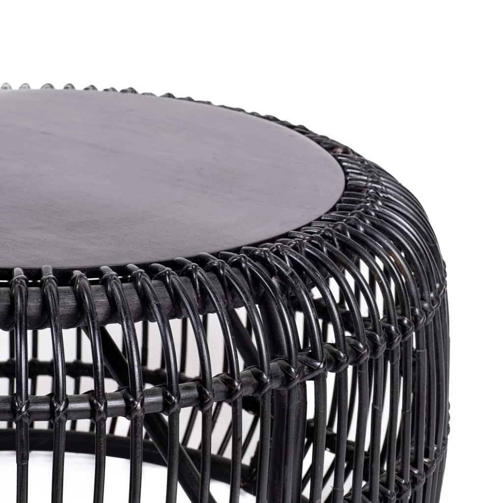 PHIL - Table basse D75 hauteur 40 cm en rotin et bois noir