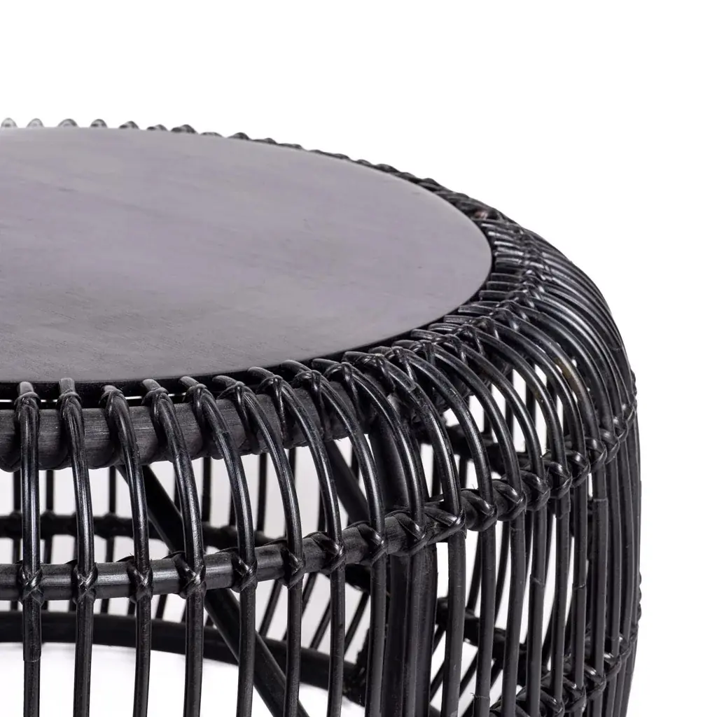 PHIL - Table basse D75 hauteur 40 cm en rotin et bois noir