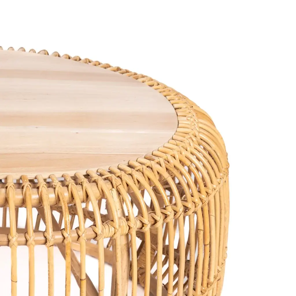 PHIL - Table basse en rotin naturel et bois naturel D80 h35 cm