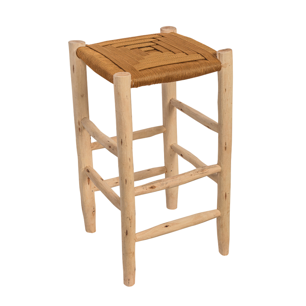 ROUCOU - CAMEL Tabouret haut en bois d'eucalyptus et corde camel h63cm*35*35