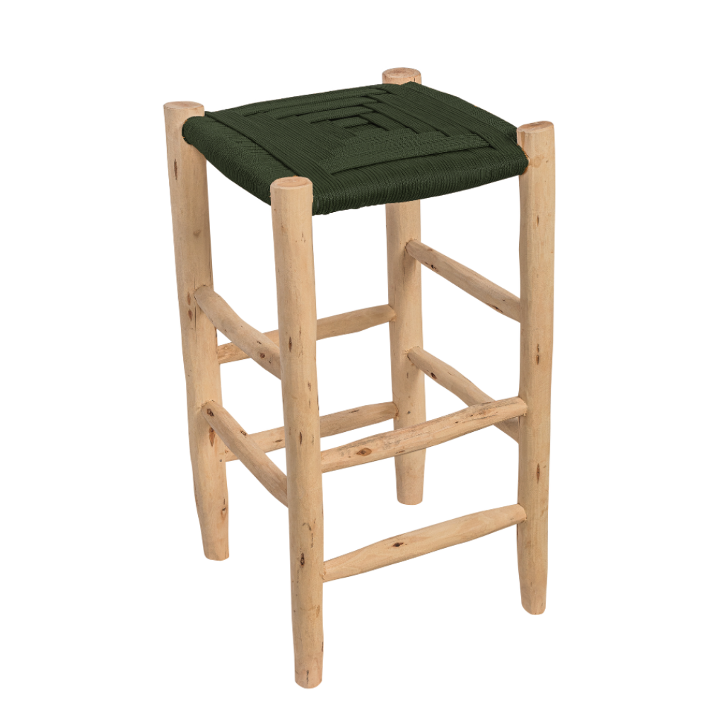 ROUCOU - VERT Tabouret haut en bois d'eucalyptus et corde