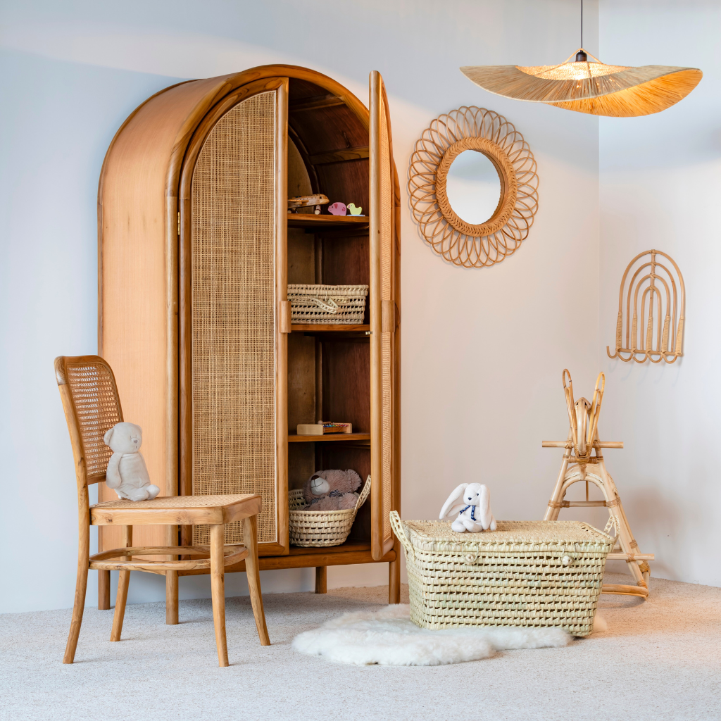 BOUMA - Armoire arrondie en cannage et bois de manguier  L90cmP50cmH180cm