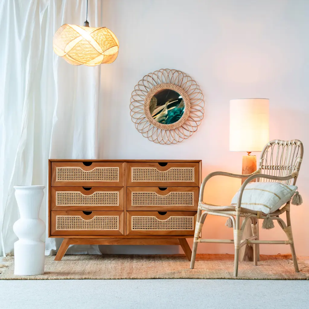 SAVANA - Buffet de rangement avec 6 tiroirs en bois et cannage