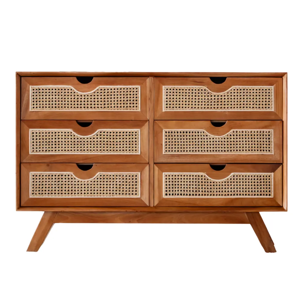 SAVANA - Buffet de rangement avec 6 tiroirs en bois et cannage