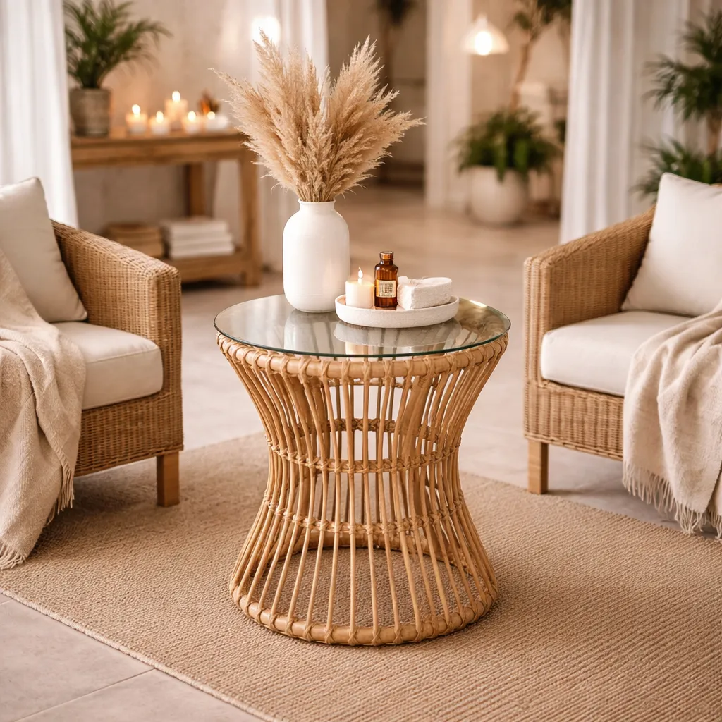 KAYU - Table basse en rotin avec un plateau en verre