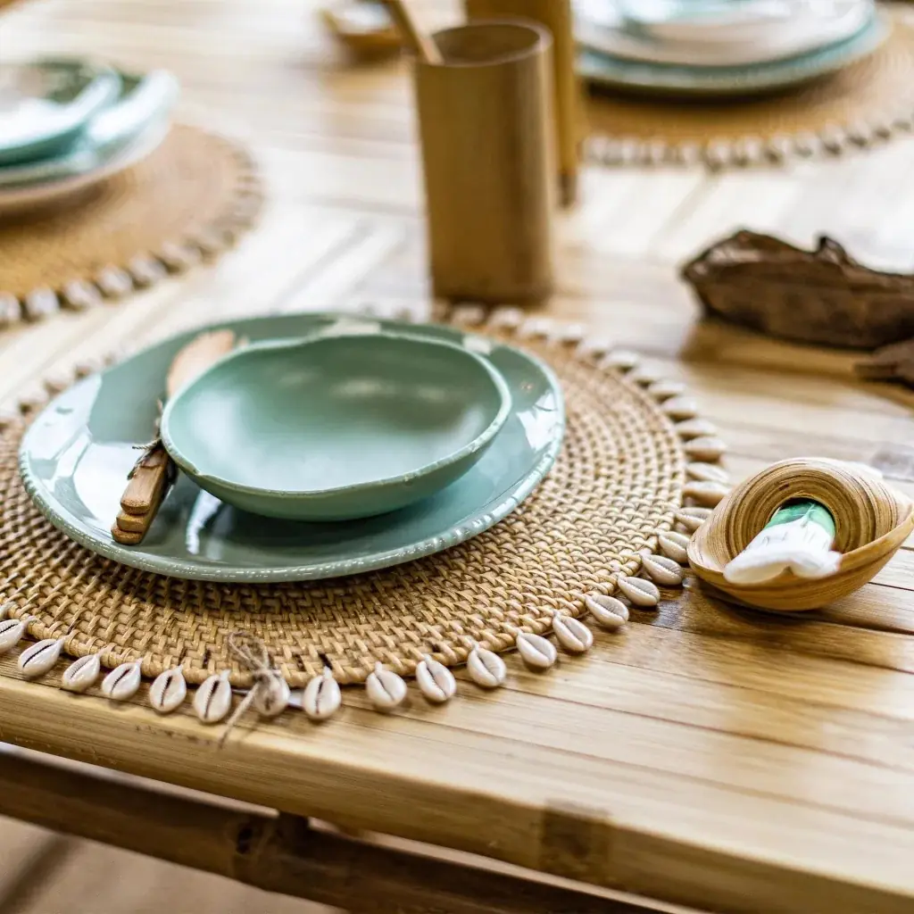 CAURI - Lot de 4 sets en rotin et coquillage naturel