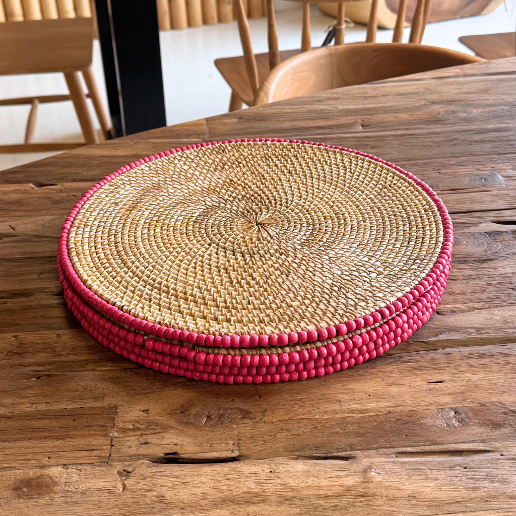 PERLE - Set en rotin et perles - couleur rose