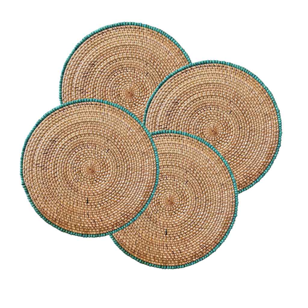 PERLE - Set en rotin et perles - couleur turquoise