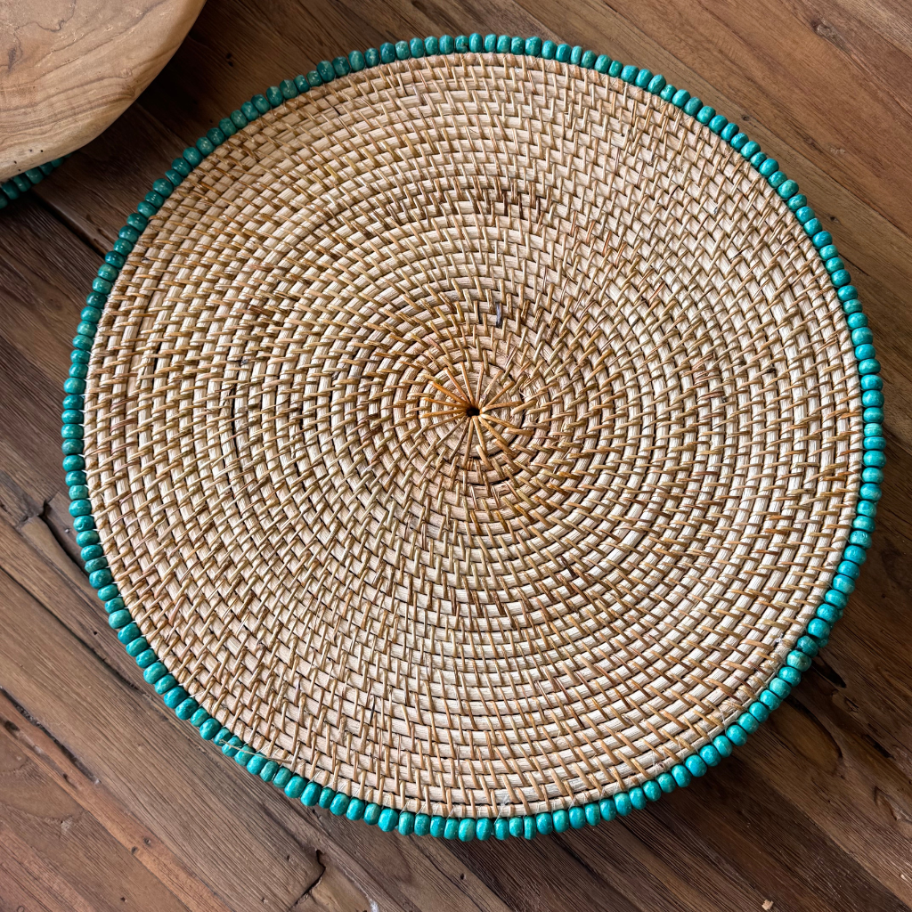 PERLE - Set en rotin et perles - couleur turquoise