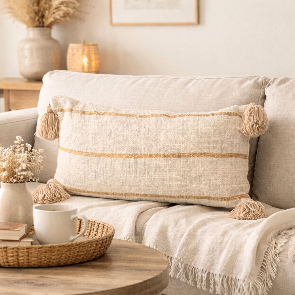 VANILLE - Coussin rectangle beige et rayure