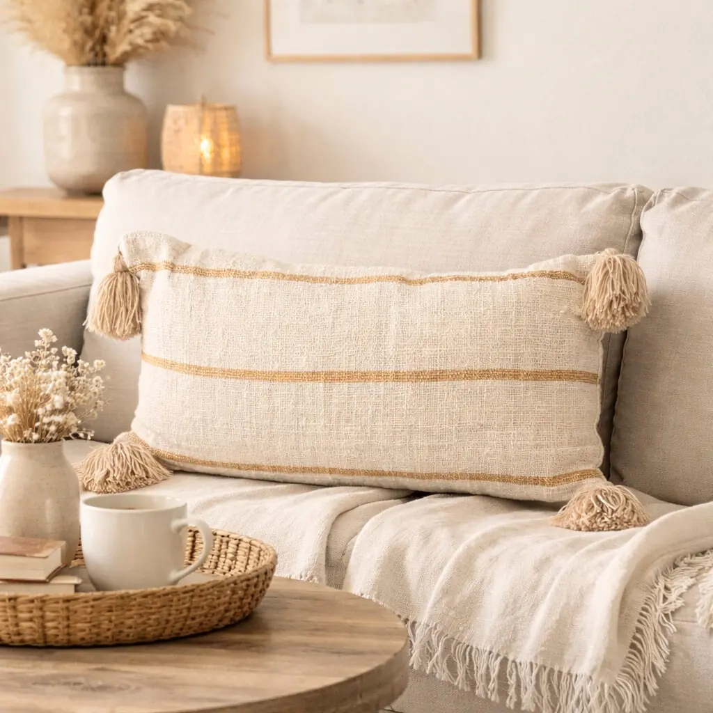 VANILLE - Coussin rectangle beige et rayure