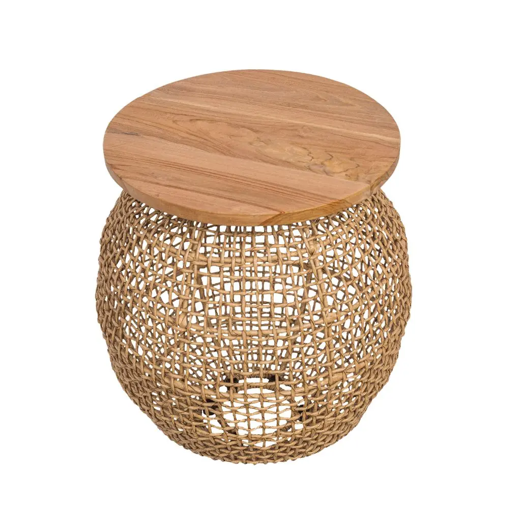ANNIE - Table en corde et plateau en teck D40*H43cm