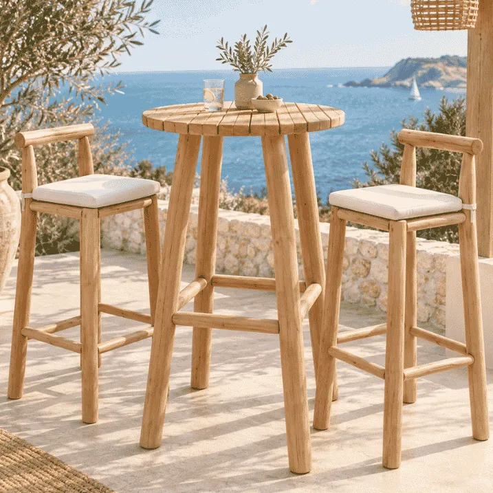 GABY - Chaise haute en bois de teck avec coussin pour extérieur