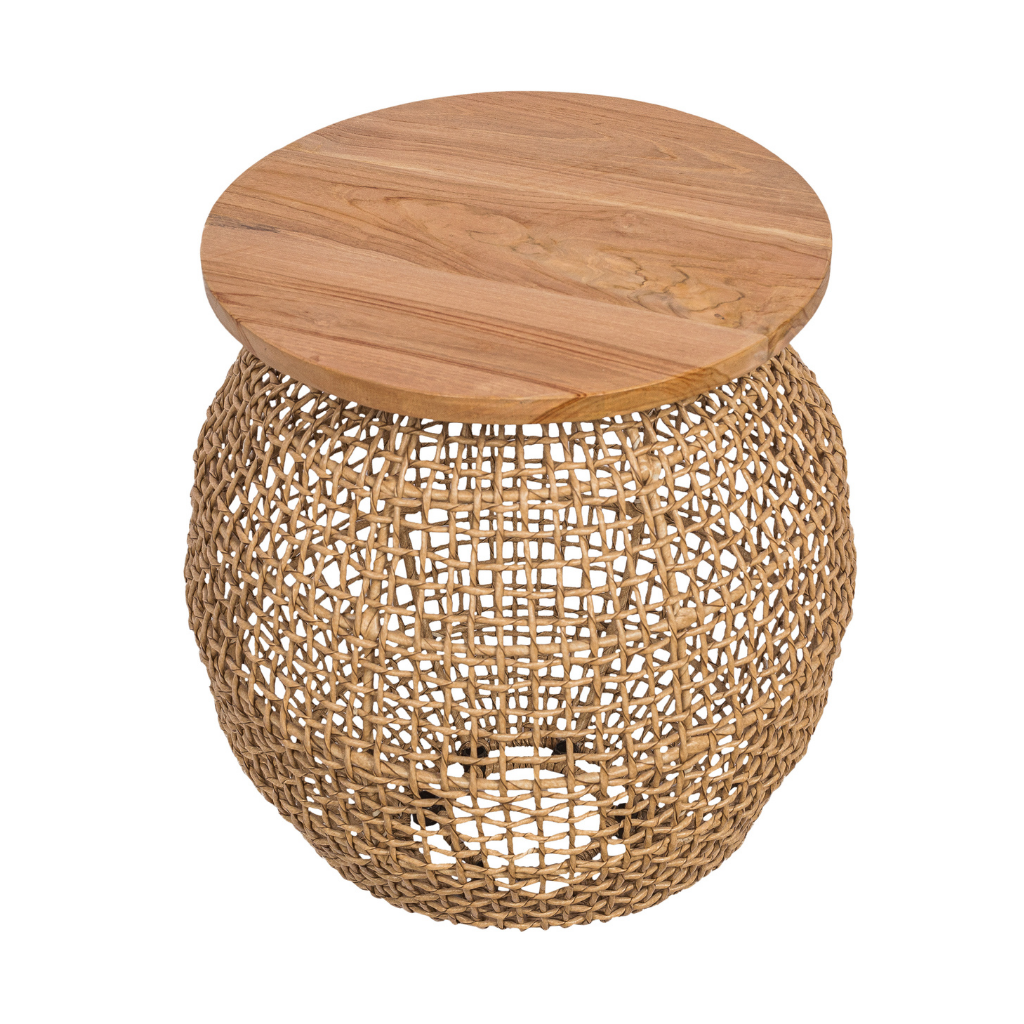 ANNIE - Table en corde et plateau en teck D40*H43cm