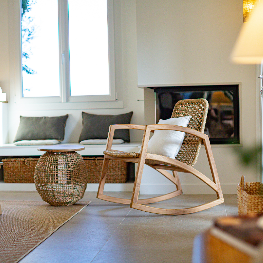 ANNIE - Table en corde et plateau en teck D40*H43cm