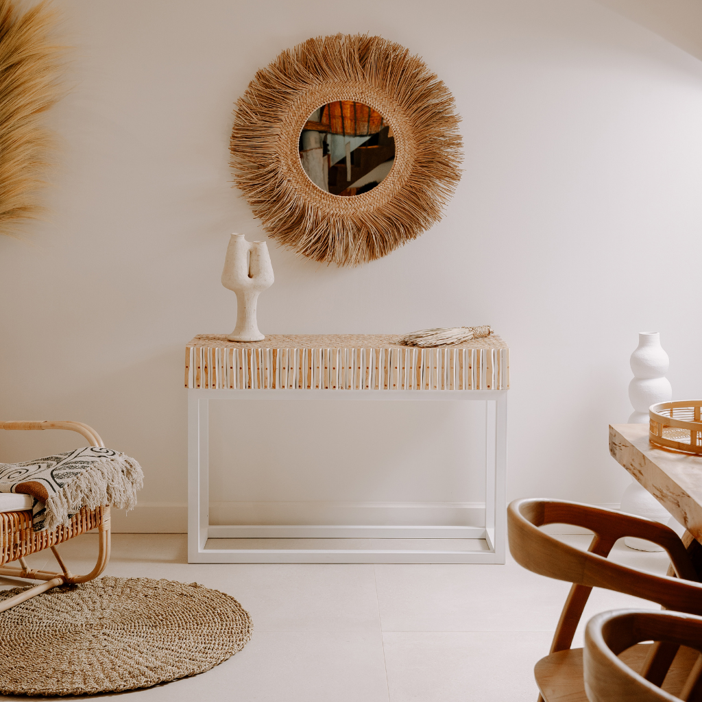 BAZIL - Console en branche de teck et pieds fer blanchi L120*l40*H80