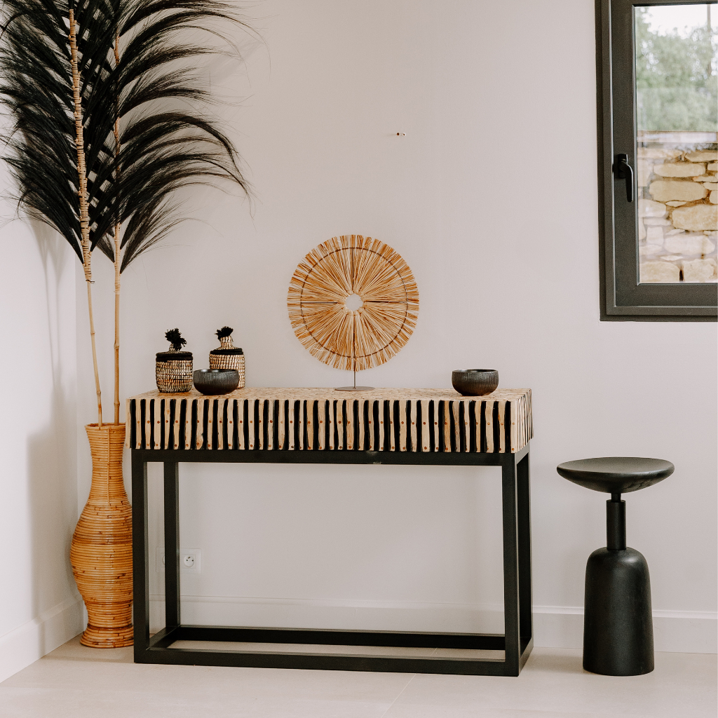 BAZIL - Console en branche teck et pieds fer noir L120*l40*H80cm