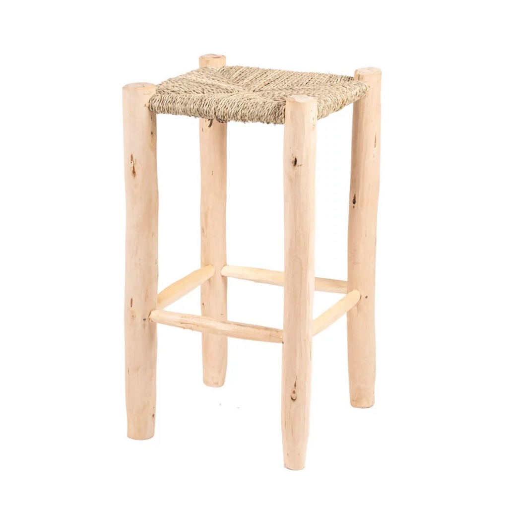 MATOU - Tabouret haut en bois d'eucalyptus et doum. H64 L34.5 l35cm