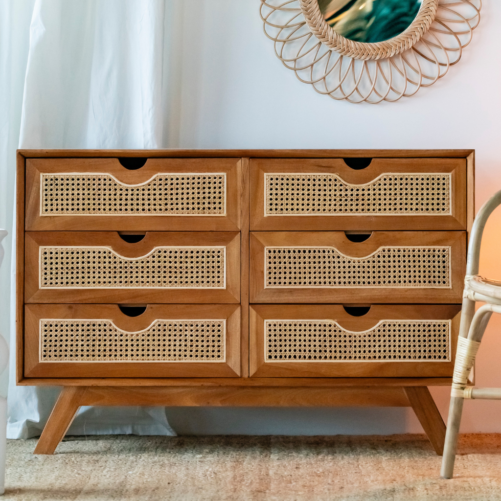 SAVANA - Buffet de rangement avec 6 tiroirs en bois et cannage