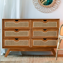 SAVANA - Buffet de rangement avec 6 tiroirs en bois et cannage