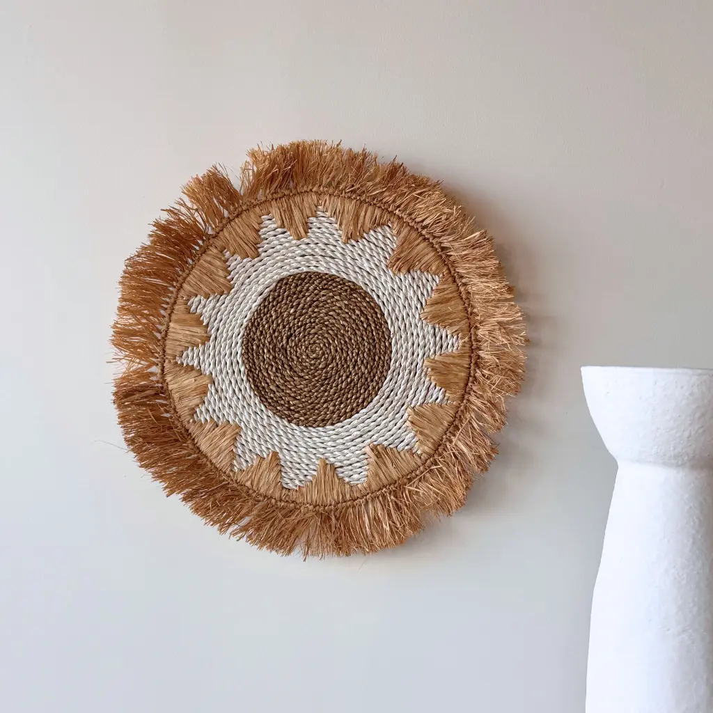 [3760428964090] STAR - Déco murale rond étoile raphia naturel et blanc