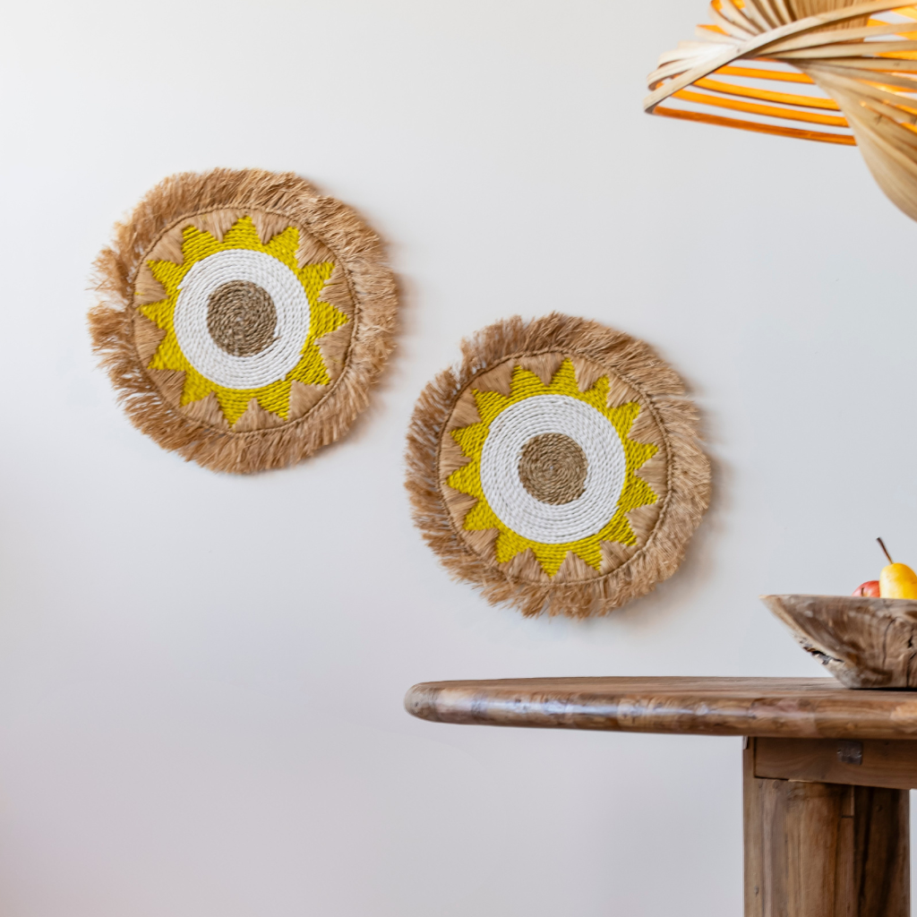 [3760428964113] STAR - Déco murale rond étoile raphia nat & jaune