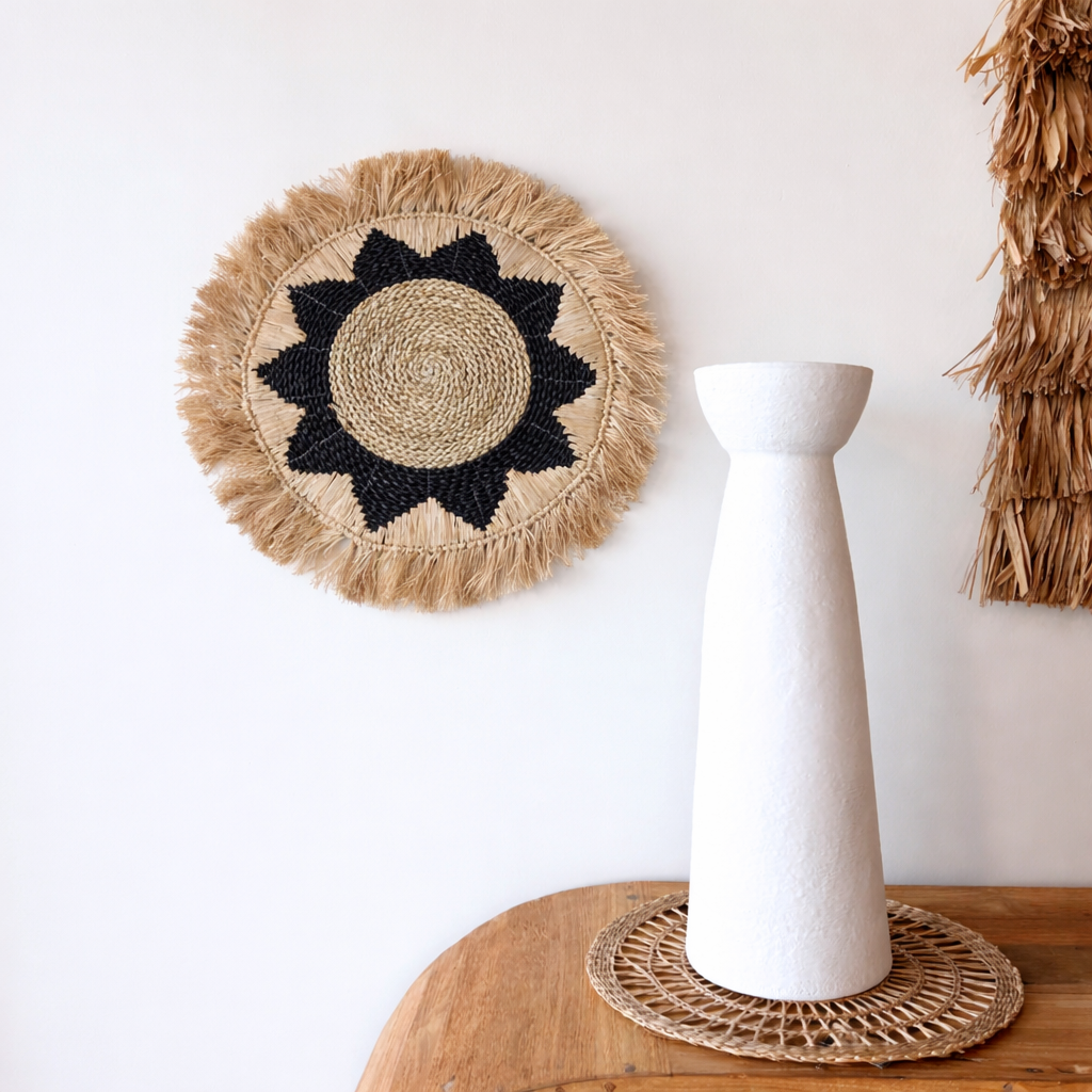 [3760428964106] STAR - Déco murale rond étoile raphia nat & noir