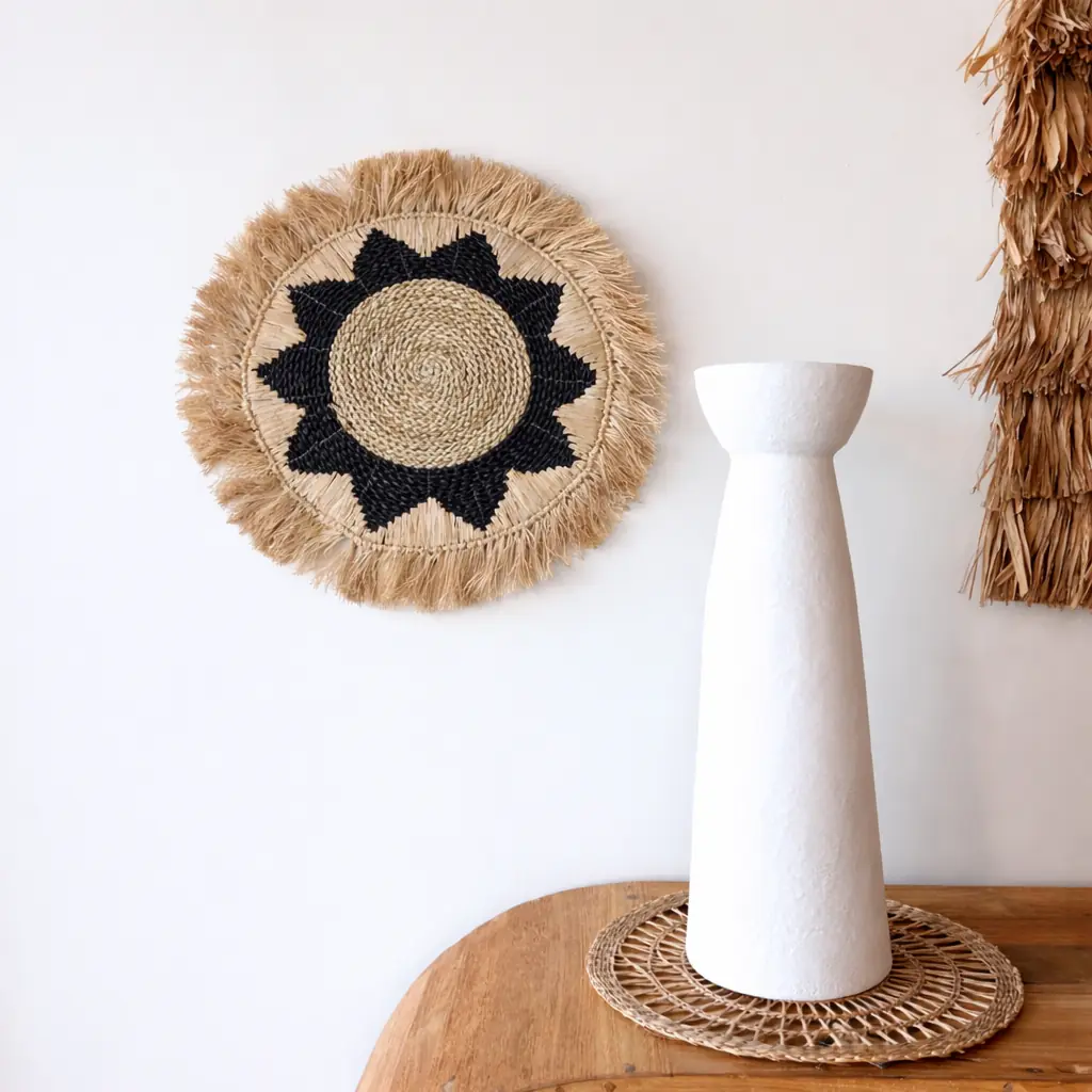 [3760428964106] STAR - Déco murale rond étoile raphia naturel et noir