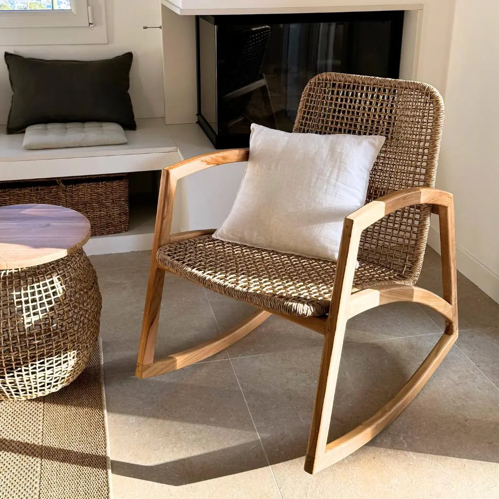 [3760428960122] ANNA - Rocking chair en teck et corde synthétique