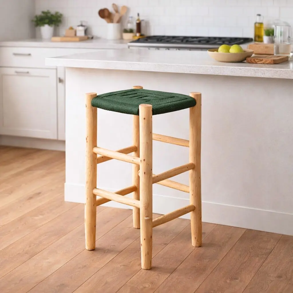 [3760428963246] ROUCOU - Tabouret haut en bois d'eucalyptus et corde verte