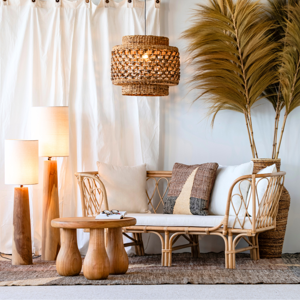 TAHITI - Banquette en rotin avec
 coussins