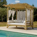 BORA BORA - Banquette en teck avec coussins et rideaux