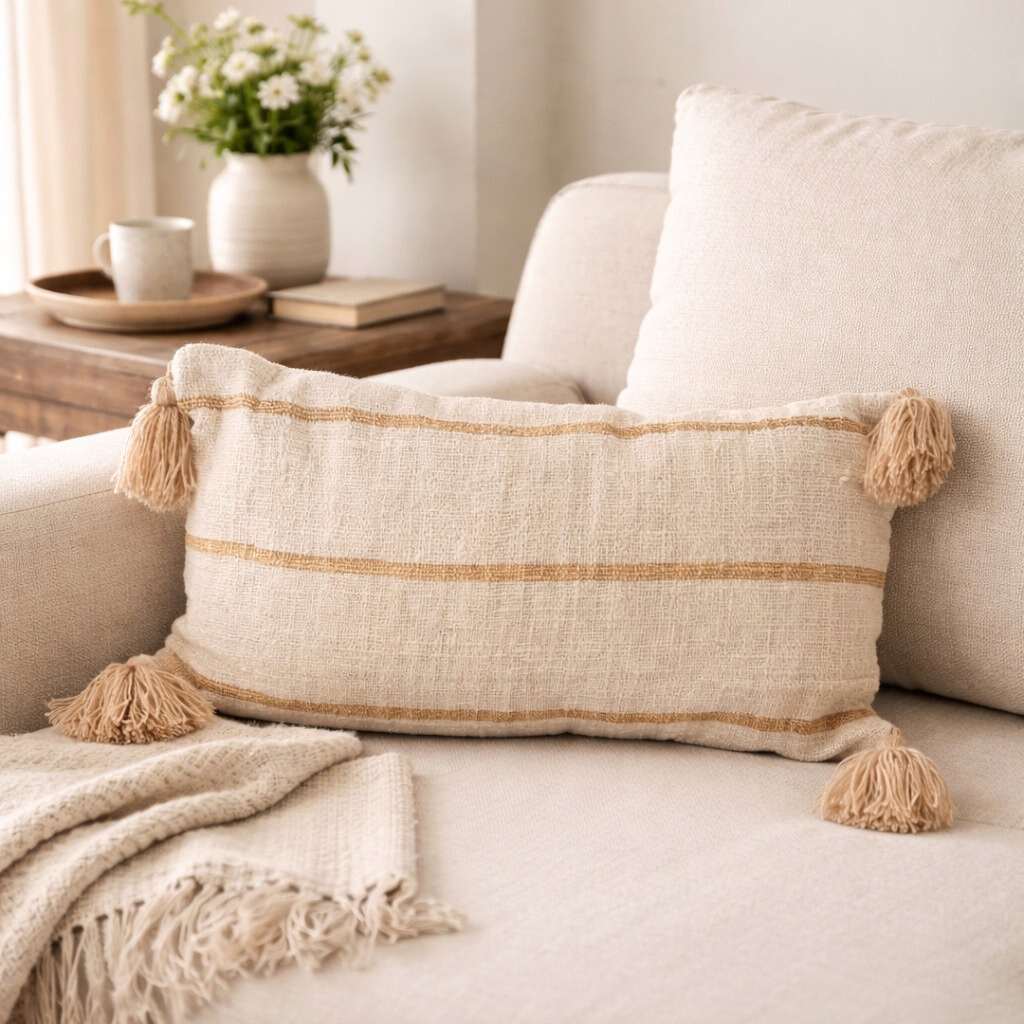 [3760428964304] VANILLE - Coussin rectangle beige et rayure