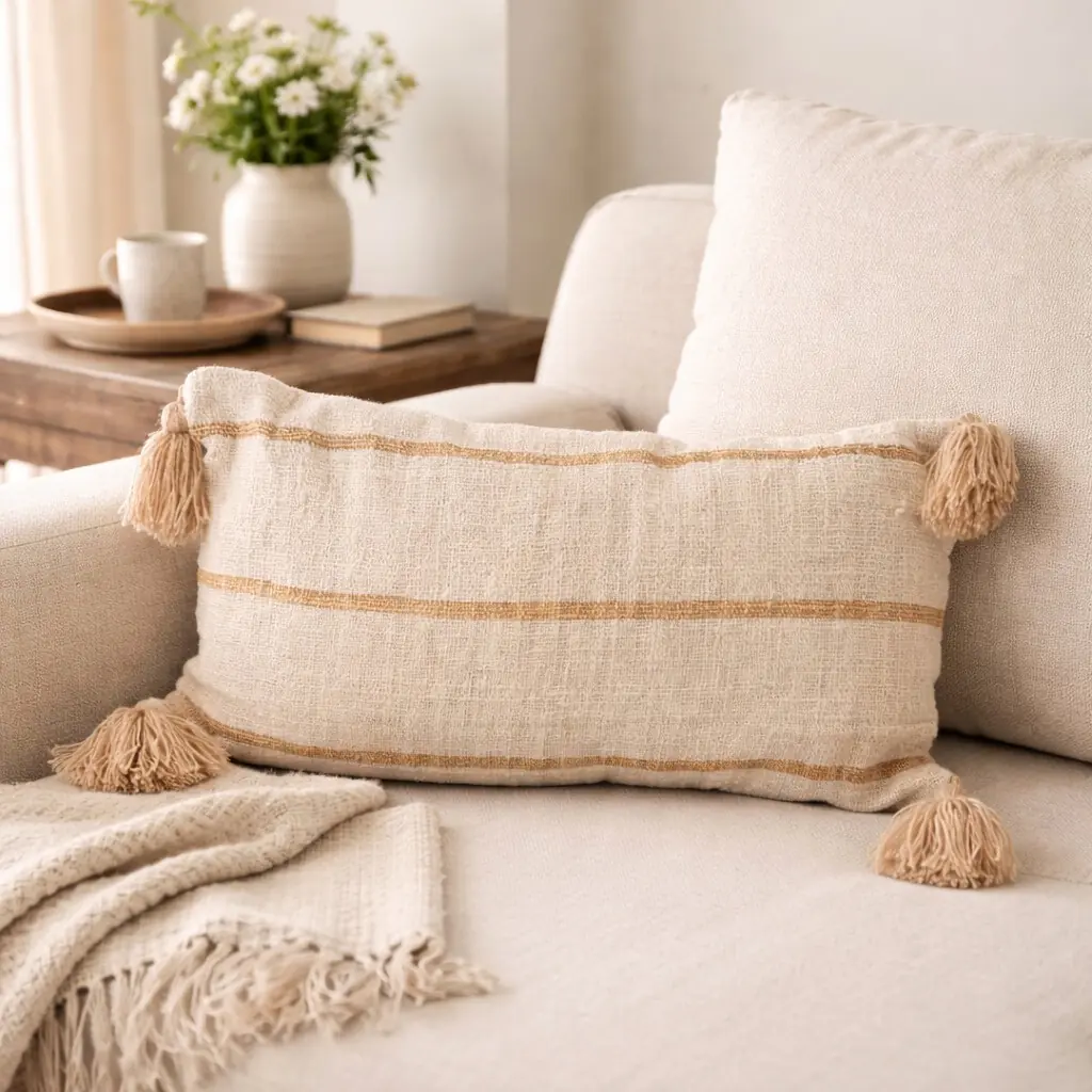 [3760428964304] VANILLE - Coussin rectangle beige et rayure