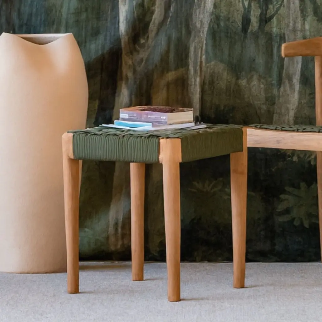 [3760428964830] AMBI - Tabouret vert en corde synthétique et bois de teck