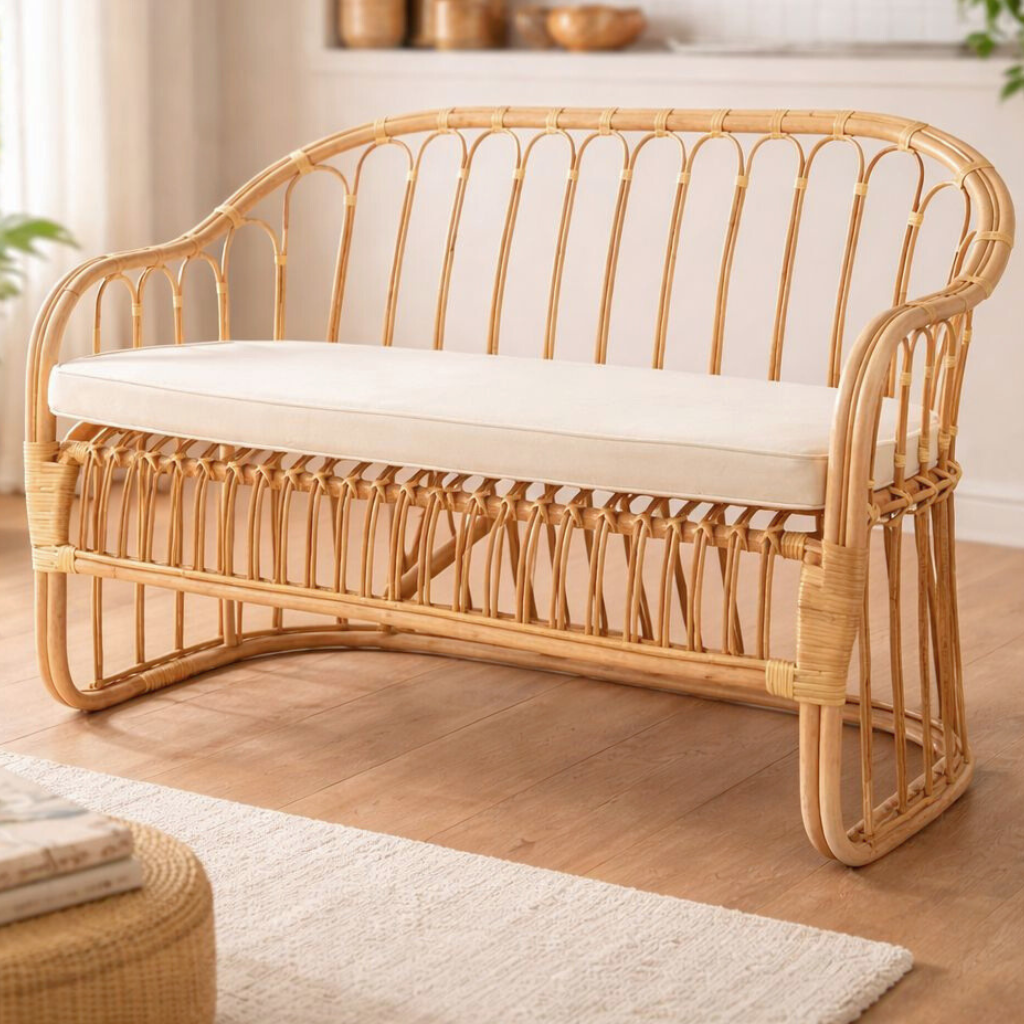 LIVIO - Banquette en rotin avec coussin d'assise