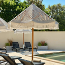 ALOHA - Parasol blanc macramé avec support en teck