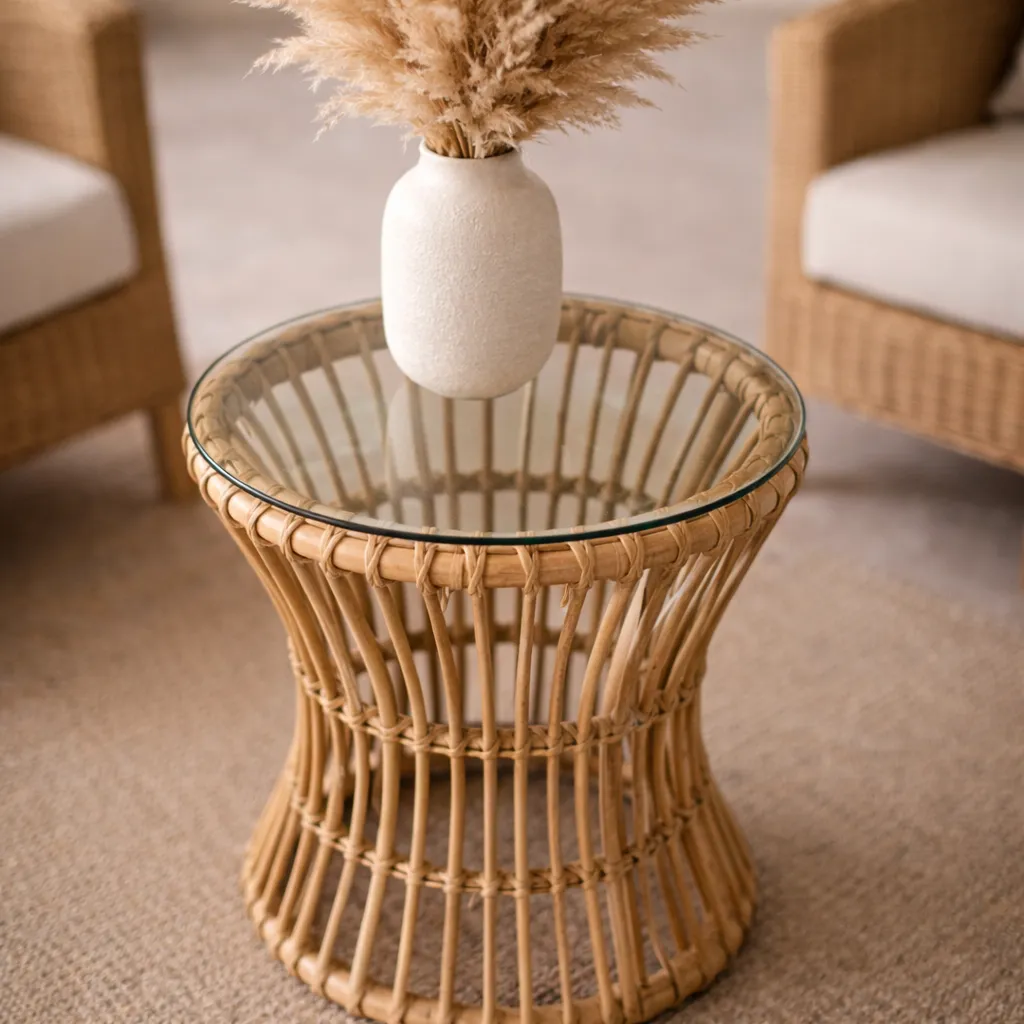 KAYU - Table basse en rotin avec un plateau en verre