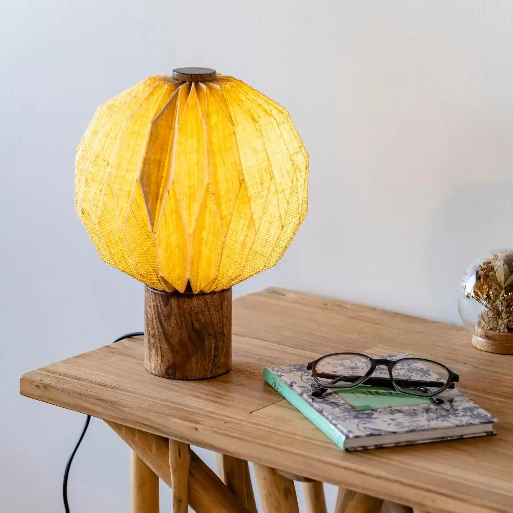 [3760428964946] CERES - Petite lampe à poser ronde en lin et bois de manguier