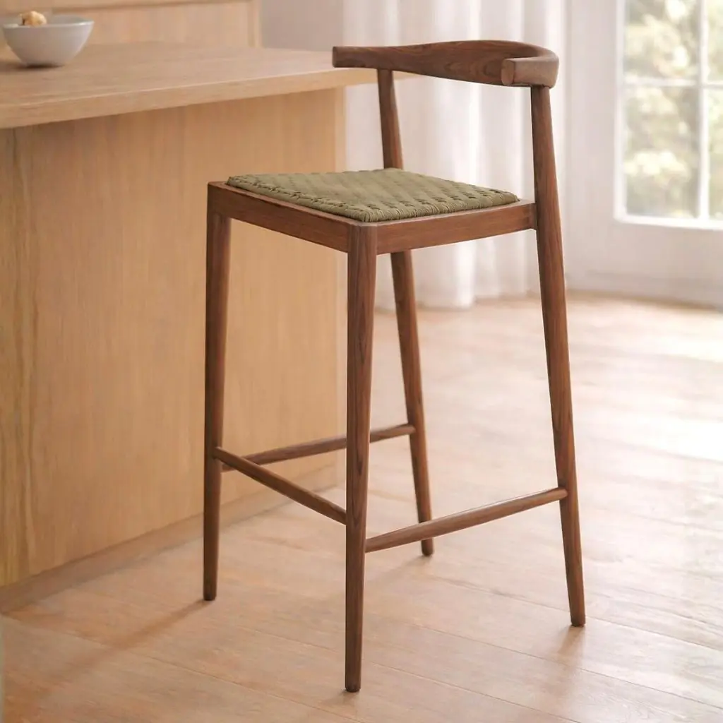 AMBIA - Chaise haute de bar en teck et corde
