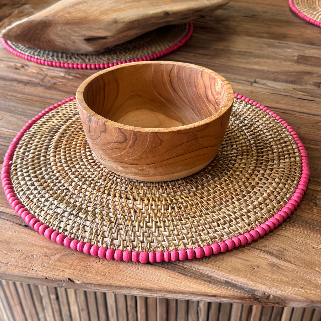 PERLE - Lot de 4 sets de table en rotin et perle ROSE