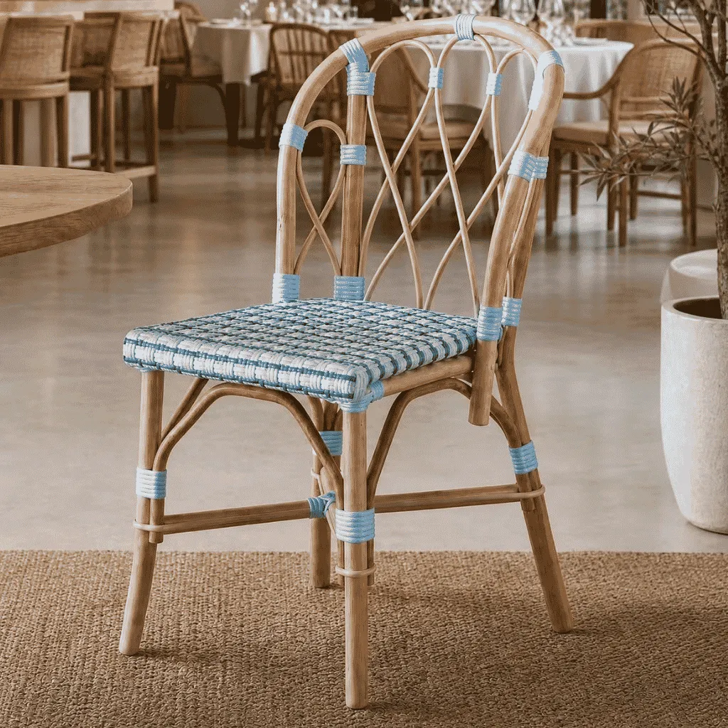 [3760428965349] JANE - Chaise de bistrot en rotin et tissage bleu azur